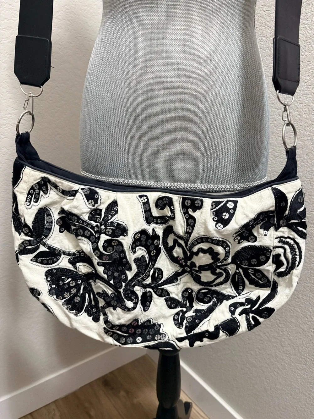 Boho Sequin Floral Paisley Hobo Crossbody Bag Ivory Black Made in India